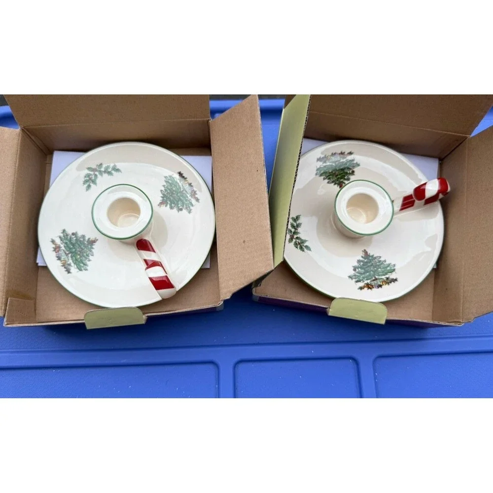 Set Of 2 Spode Christmas Tree Peppermint Chamber Candle Holder in Original Box